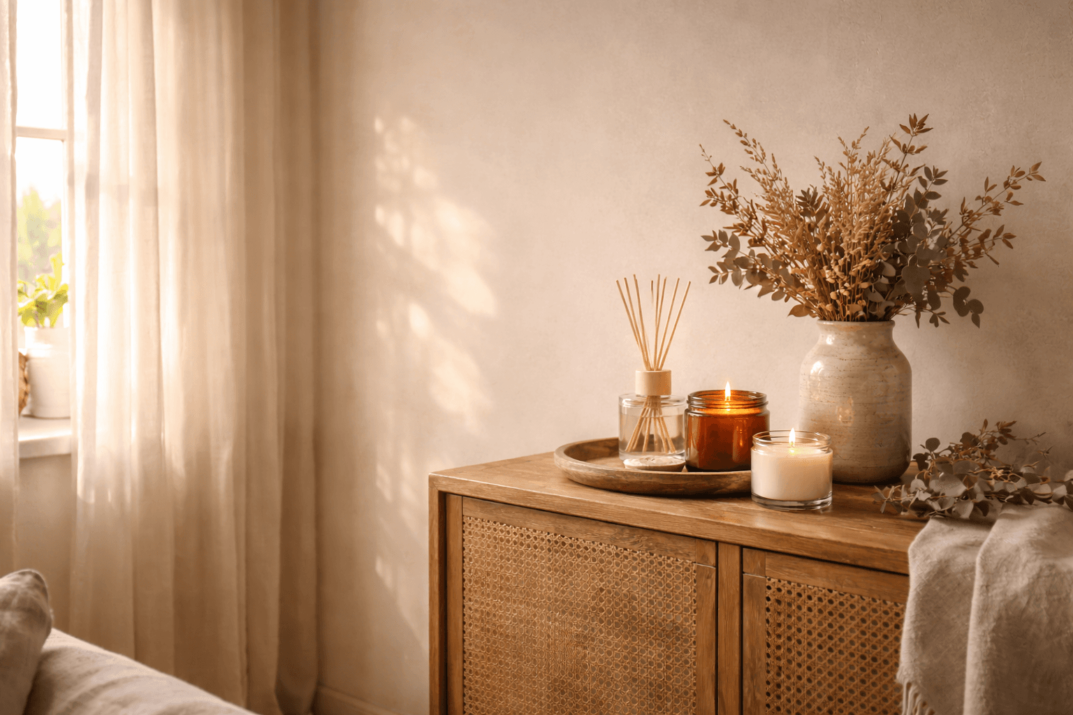 Artisanal candles and reed diffusers in a sunlit room